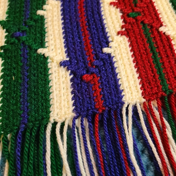 Handmade Afghan  Blue Green Red White Textured Stripes - Picture 3 of 4